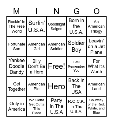 Memorial Day Music Bingo Card