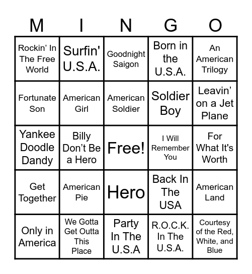Memorial Day Music Bingo Card