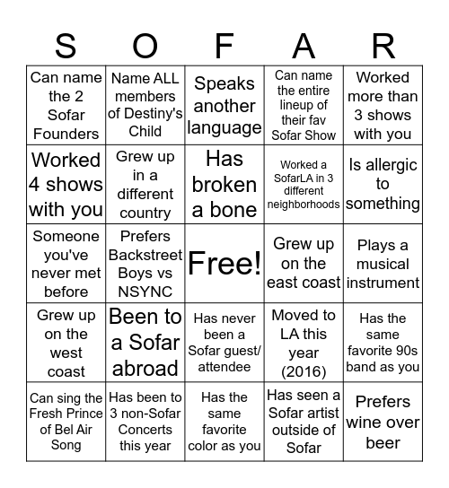SOFAR Bingo Card