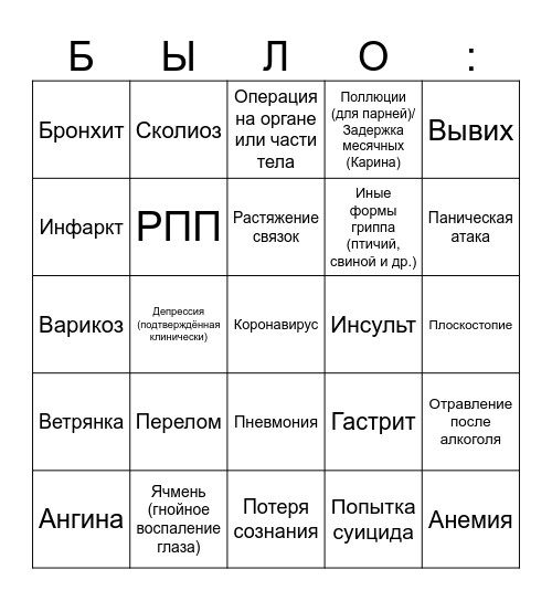 Болезни, травмы Bingo Card