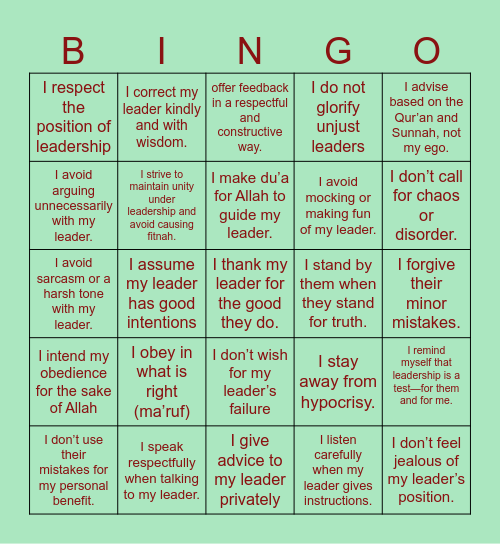 Adab with Leaders Bingo Card