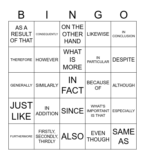 LINKING WORDS Bingo Card