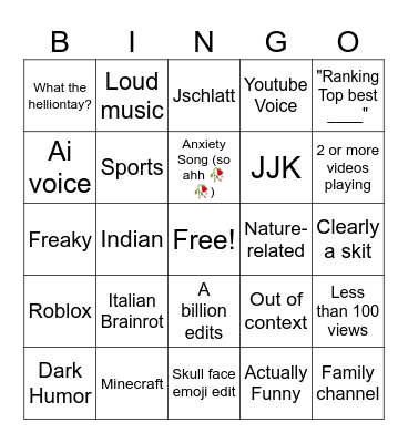 Youtube Shorts Bingo Card