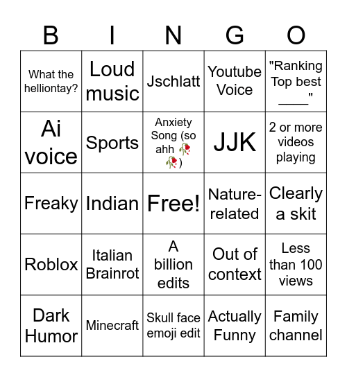 Youtube Shorts Bingo Card