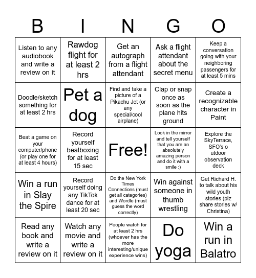 Shelby vs Thomas Bingo for China Flight Bingo Card