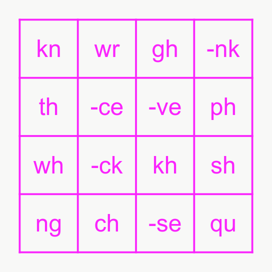 English sounds : พยัญชนะคู่ Bingo Card