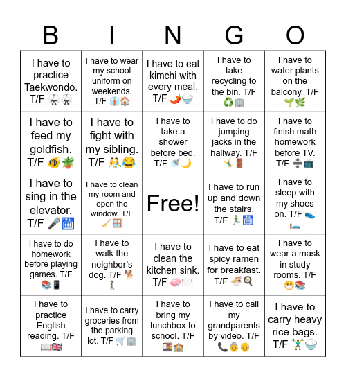 I have to T/F Bingo Card