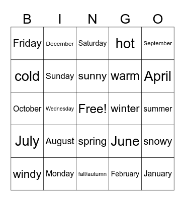Seasons + Weather + Days + Months Bingo Card