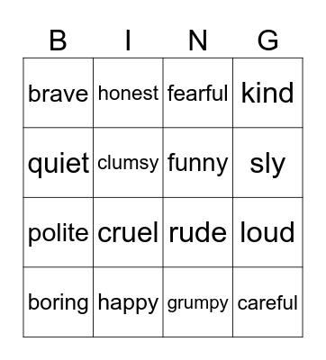 Personality Bingo Card