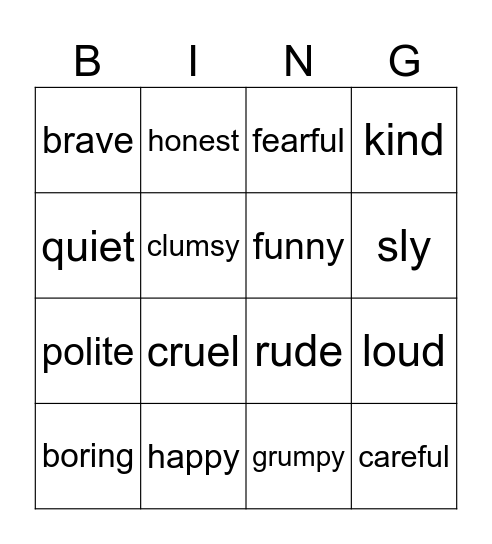 Personality Bingo Card