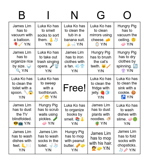 Luka Ko has to wash dishes with slime. 🧼🟢 Y/N Bingo Card