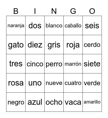 ČÍSLOVKY, BARVY, ZVÍŘATA Bingo Card