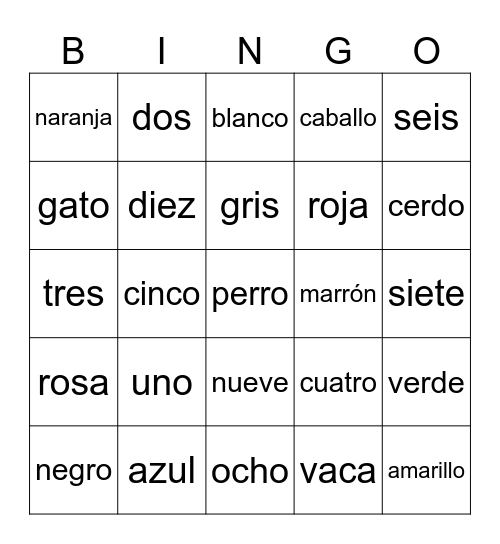 ČÍSLOVKY, BARVY, ZVÍŘATA Bingo Card