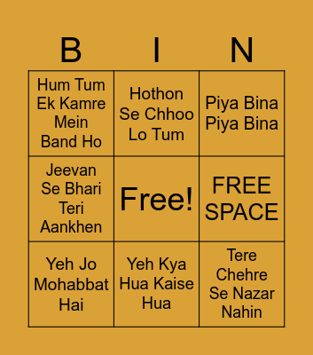 Romantic Bollywood Songs Bingo Card