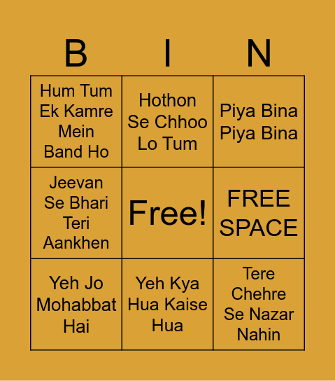 Romantic Bollywood Songs Bingo Card