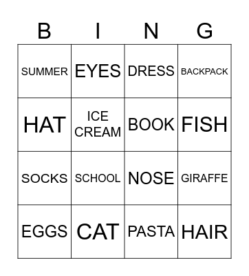 First Primary English Bingo Card