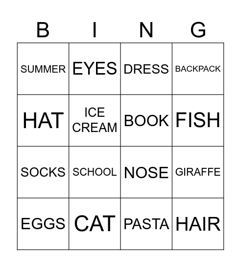 First Primary English Bingo Card