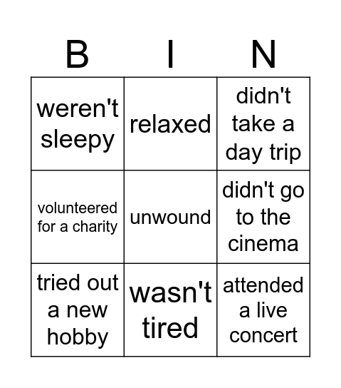 past simple - weekend Bingo Card