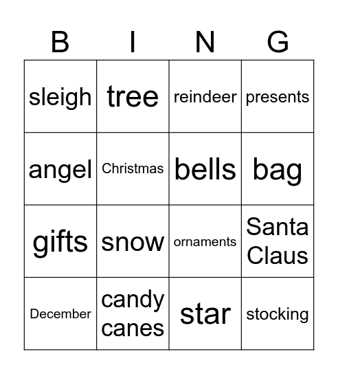 Christmas Vocabulary Bingo Card