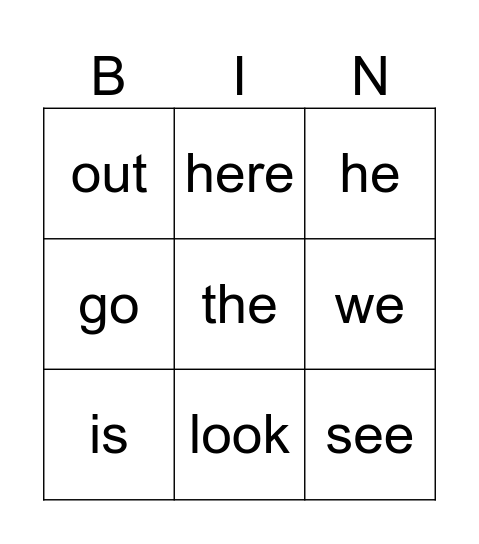 Sight Words Bingo Card