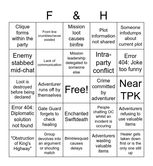 Fools and Heroes Bingo Card
