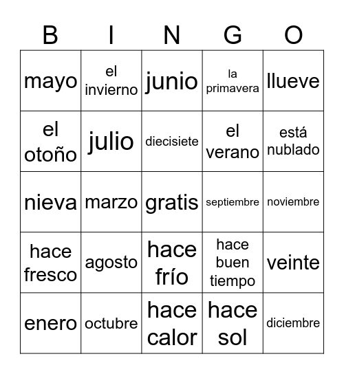 los meses y el tiempo Bingo Card