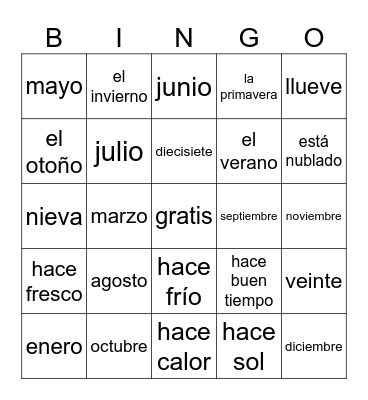 los meses y el tiempo Bingo Card