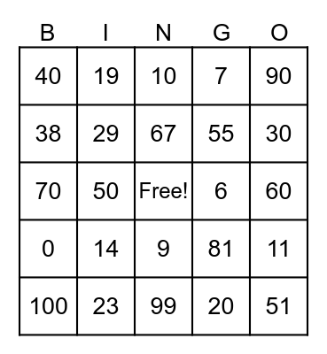 Number Bingo Card