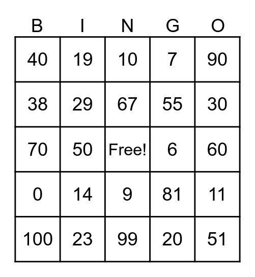 Number Bingo Card