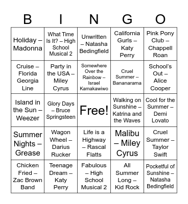 Summer Music Bingo Card