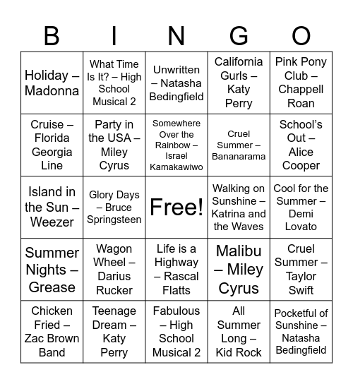 Summer Music Bingo Card