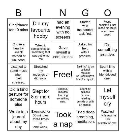 Mental Health Bingo Card