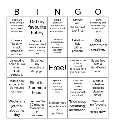 Mental Health Bingo Card