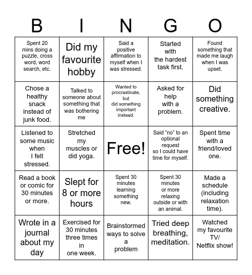 Mental Health Bingo Card