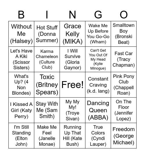 Pride Anthems and LGBTQ+ Icons Bingo Card