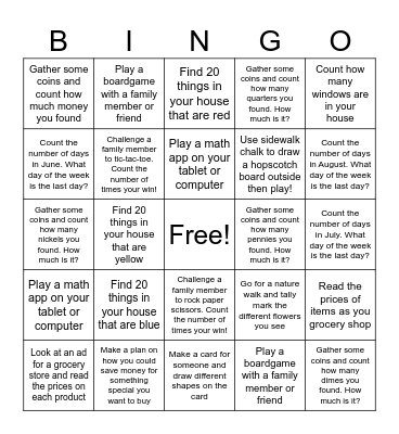 Math Choice Board Bingo Card