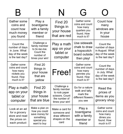 Math Choice Board Bingo Card