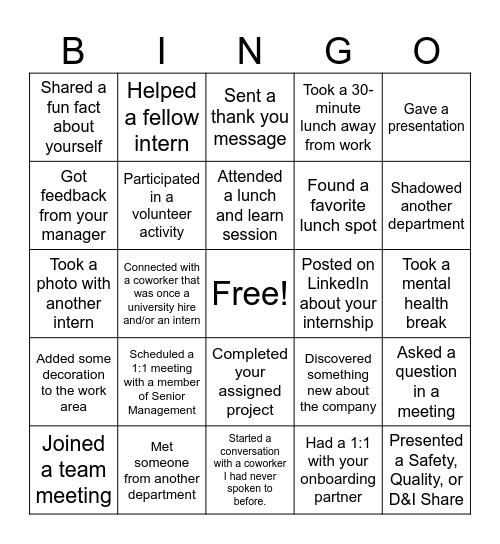 2025 BGCAPP Summer Internship Bingo Card