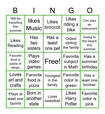 All About Me Bingo Card