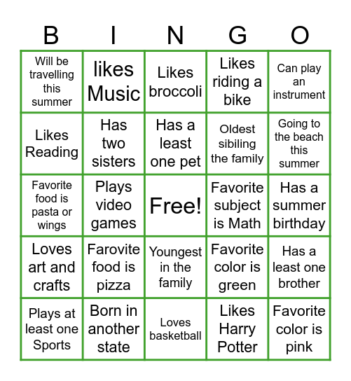 All About Me Bingo Card