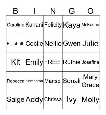 American Girl Doll Bingo Card