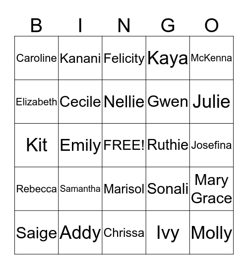 American Girl Doll Bingo Card