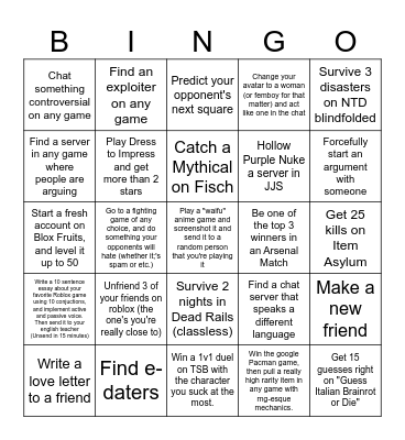 Roblox Bingo Card