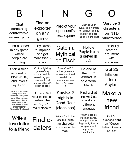 Roblox Bingo Card