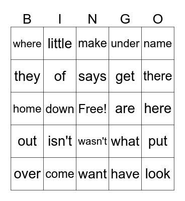 Sight Words Bingo Card