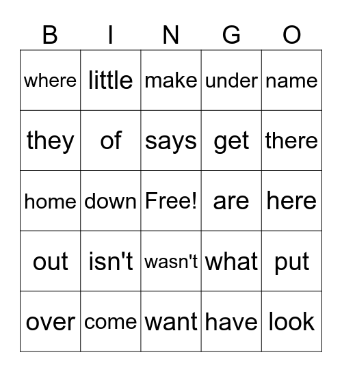 Sight Words Bingo Card