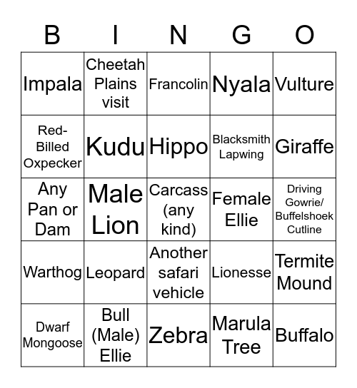SafariLive Bingo! Bingo Card