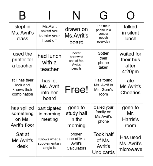 7th Grade BINGO Card