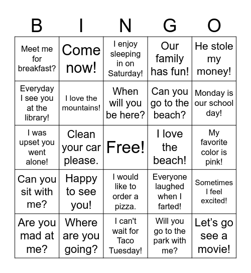 Vocabulary sentences to practice Bingo Card