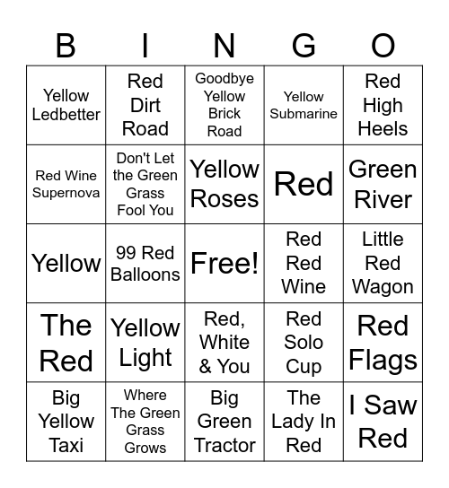 Red, Yellow, Green Bingo Card